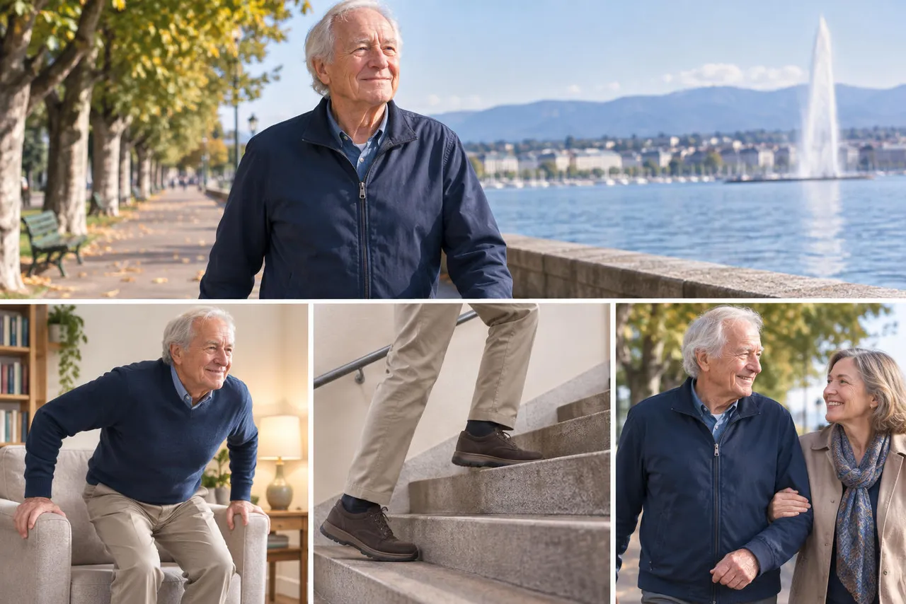 Un homme âgé au bord du lac Léman, se relevant d'un fauteuil, montant un escalier et marchant au bras d'une femme